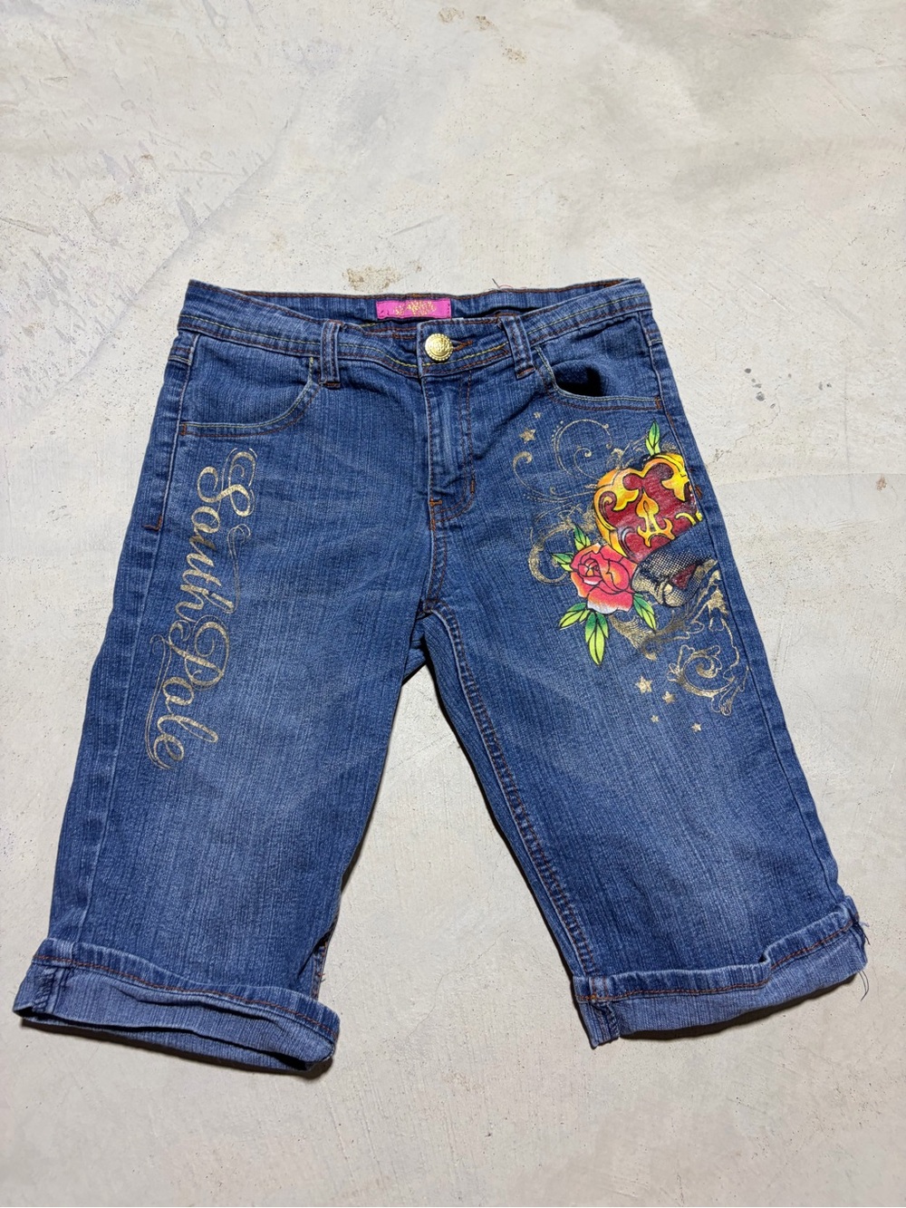South Pole y2K Blue Denim Embroidered Bermuda Shorts with Heart Graphic 12